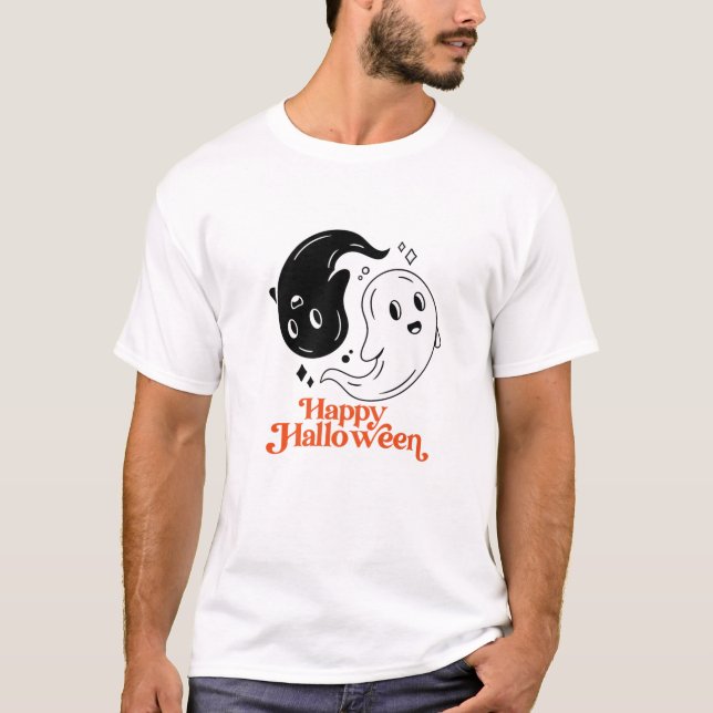 Happy Halloween Yin And Yang Black And White Ghost T-Shirt (Front)