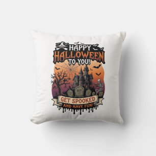 Happy Halloween You Haunted House Skeleton Bats_1 Cushion