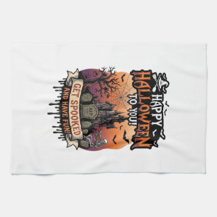 Happy Halloween You Haunted House Skeleton Bats_1 Tea Towel