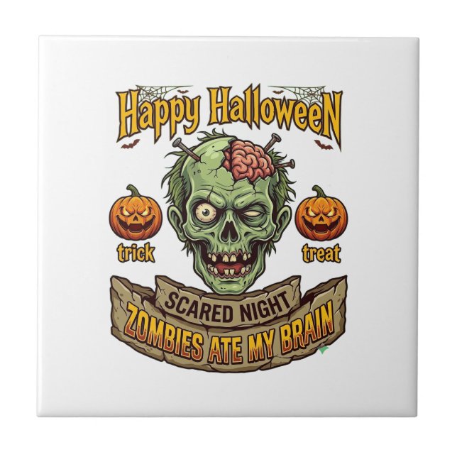 Happy Halloween Zombies Ate Brain Zombie Head Pump Ceramic Tile (Front)