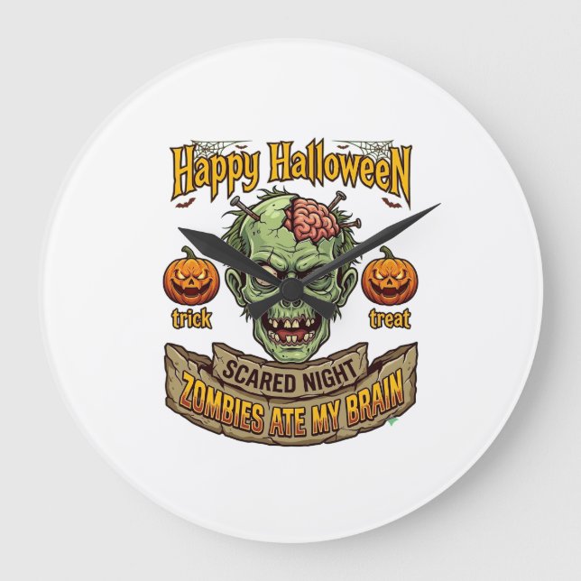 Happy Halloween Zombies Ate Brain Zombie Head Pump Large Clock (Front)