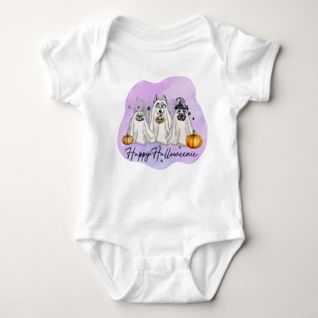 Happy Halloweenie - 3 Dogs Dressed as Ghosts Baby Bodysuit (Front)