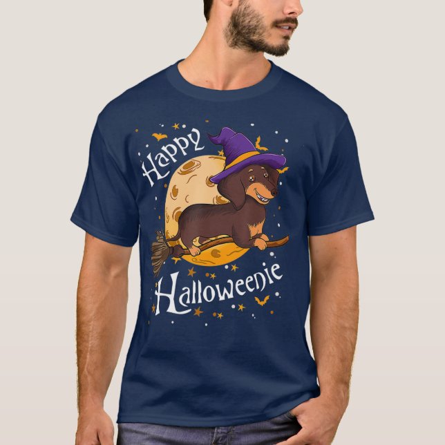 Happy Halloweenie Dachshund Dog Halloween Witch T-Shirt (Front)