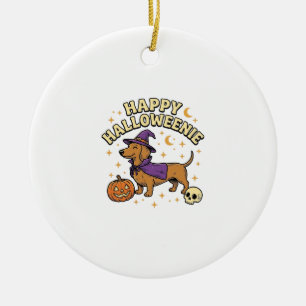 Happy Halloweenie Dachshund Witch Dog T-Shirt_1 Ceramic Ornament