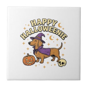 Happy Halloweenie Dachshund Witch Dog T-Shirt_1 Ceramic Tile