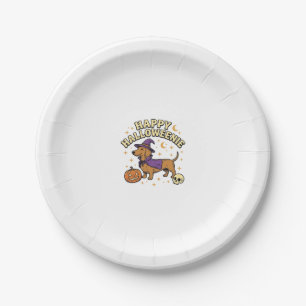 Happy Halloweenie Dachshund Witch Dog T-Shirt_1 Paper Plate