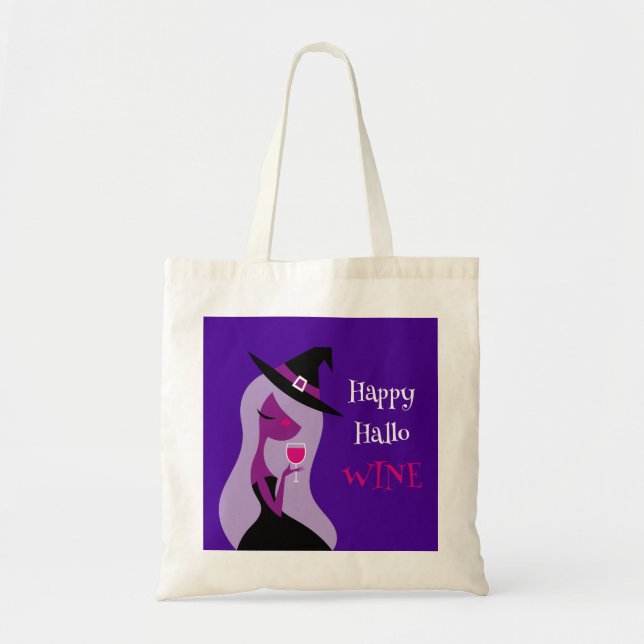 Happy Hallowine Cute Witch Wine Purple Pink Tote Bag (Front)
