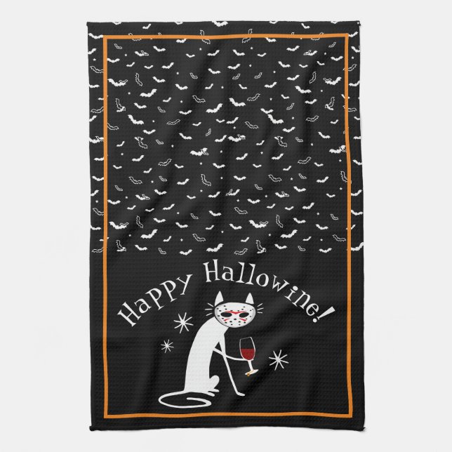 Happy Hallowine! Halloween Wine Pun Tea Towel (Vertical)