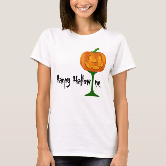 Happy Hallowine Pumpkin Wine Glass Halloween T-Shirt (Front)