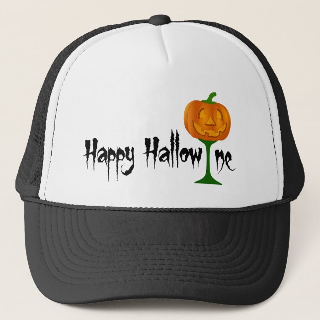 Happy Hallowine Pumpkin Wine Glass Halloween Trucker Hat (Front)