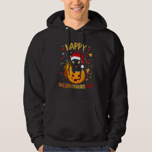 Happy Hallowthanksmas Black Cat Santa Hat Holiday Hoodie