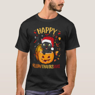 Happy Hallowthanksmas Black Cat Santa Hat Holiday T-Shirt