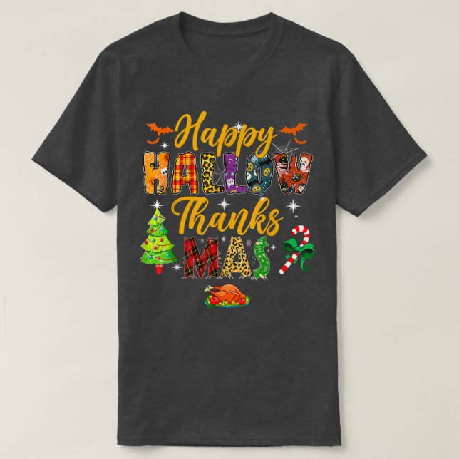 Happy HallowThanksMas Christmas Thanksgiving Famil T-Shirt (Design Front)
