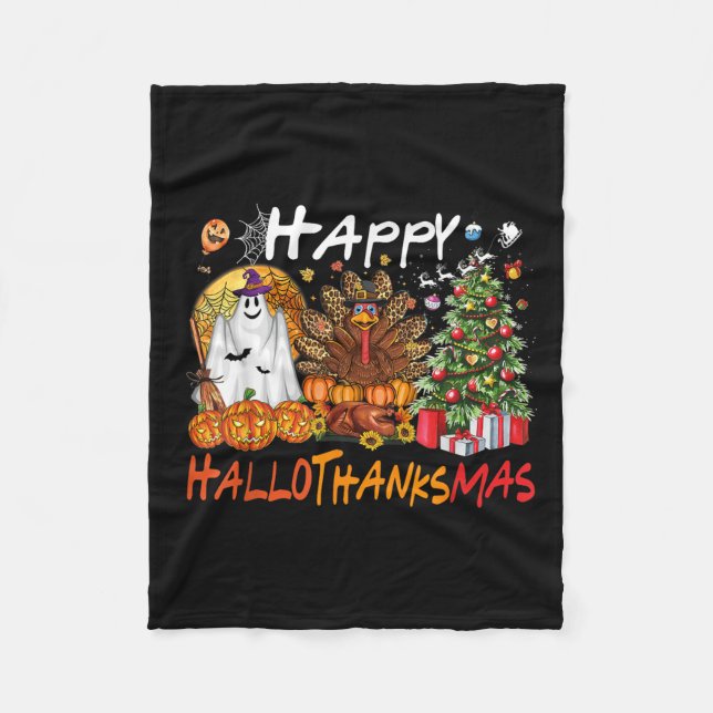 Happy Hallowthanksmas Fall Christmas Halloween Fam Fleece Blanket (Front)
