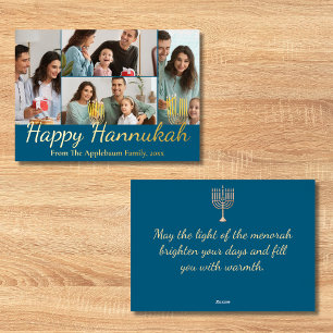 happy hannukah , 4 photos collage blue & gold foil holiday card