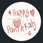 Happy Hannukah Classic Round Sticker<br><div class="desc">This fanciful Happy Hannukah design features a menorah in place of the “U” in the word, Hannukah. This spelling has become the most widely acceptable spelling in English so even if you usually spell it Hanuka or Chanukah, you cannot go wrong with this one. The red colour makes it cheery...</div>