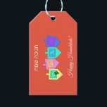 Happy Hannukah English Hebrew Gift Tags<br><div class="desc">There are a variety of background colours to provide either a cheery or more elegant background for the dreidel images and the Happy Hanuka greeting in both Hebrew and English. The Hebrew letters on the dreidel sides stand for: A great miracle happened here, the way the saying goes in Israel....</div>