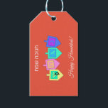 Happy Hannukah English Hebrew Gift Tags<br><div class="desc">There are a variety of background colours to provide either a cheery or more elegant background for the dreidel images and the Happy Hanuka greeting in both Hebrew and English. The Hebrew letters on the dreidel sides stand for: A great miracle happened here, the way the saying goes in Israel....</div>