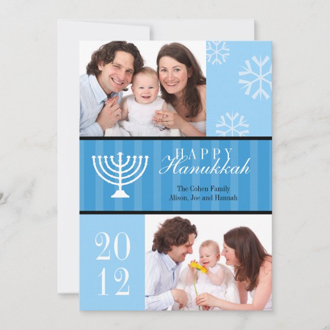 Happy Hannukkah blue stripes menorah photo card (Front)