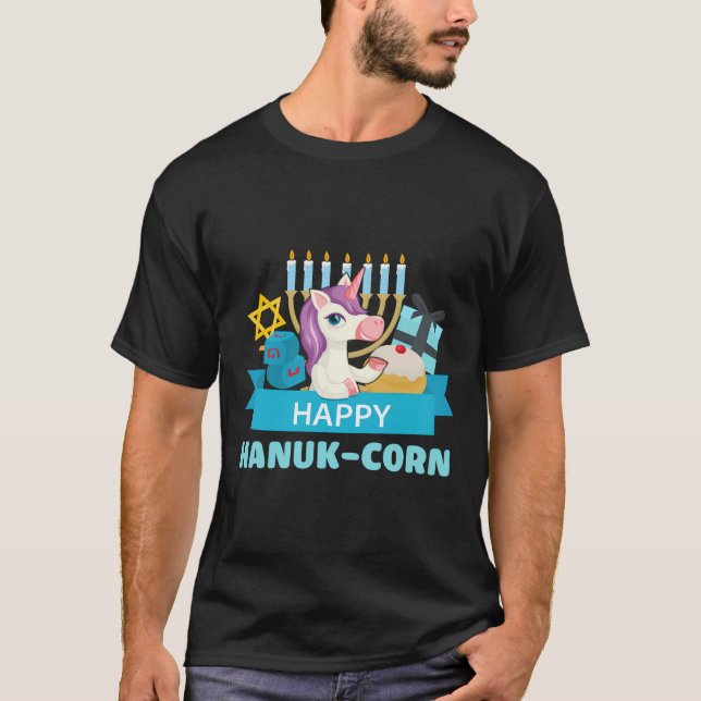 Happy Hanuk-Corn Unicorn Menorah Hannukah Gift T-Shirt (Front)