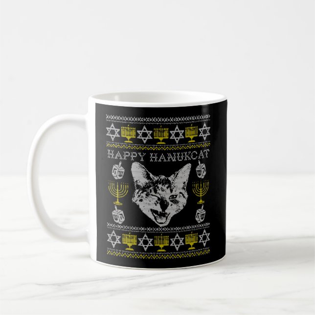 Happy Hanukcat Hannukah Jewish Cat Ugly Christmas  Coffee Mug (Left)
