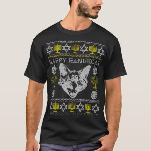 Happy Hanukcat Hannukah Jewish Cat Ugly Christmas T-Shirt