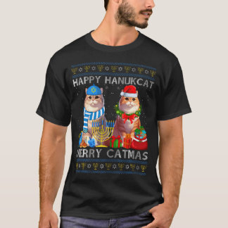 Happy Hanukcat Merry Catmas Ugly Christmas Chanuka T-Shirt