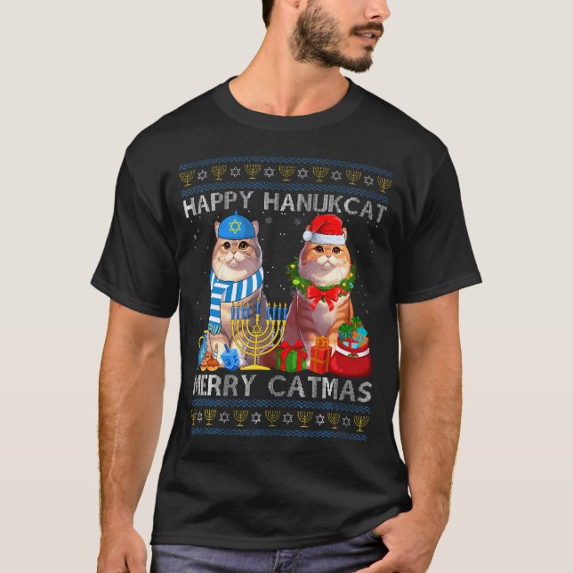 Happy Hanukcat Merry Catmas Ugly Christmas Chanuka T-Shirt (Front)