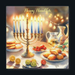 Happy Hanukkah<br><div class="desc">Hanukkah watercolor illustration. A beautifully arranged table set for a festive celebration,  featuring a traditional menorah with lit candles. Soft,  warm light,  while holiday decorations add a touch of cheer. Warm lights creating a cosy,  inviting atmosphere.</div>