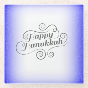 Happy Hanukkah 2-tone Blue White Background Glass Coaster