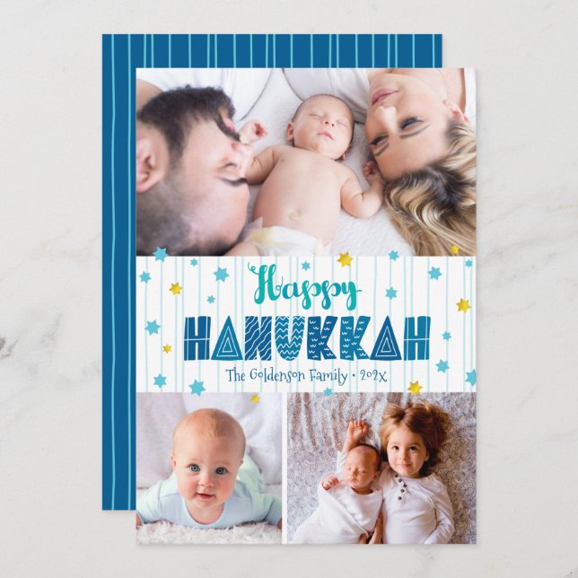 Happy Hanukkah 3 Photo Modern Typography Gold Star Holiday Card (Front/Back)