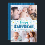 Happy Hanukkah 3 Photo Modern Typography Gold Star Holiday Card<br><div class="desc">“Happy Hanukkah.” Fun, playful, whimsical handcrafted typography along with a random Star of David pattern in light blue and faux gold foil, all overlaying light aqua blue hand drawn lines on a white background, along with 3 photos of your choice, help you usher in Hanukkah. Hand drawn turquoise lines overlay...</div>