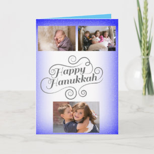Happy Hanukkah 3 photos Blue White 2-tone backgrou Holiday Card