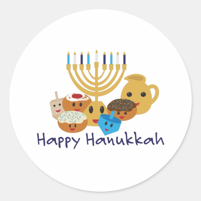 Happy Hanukkah and cute Hanukkah characters Classic Round Sticker (Front)