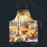 Happy Hanukkah Apron<br><div class="desc">Hanukkah watercolor illustration. A beautifully arranged table set for a festive celebration,  featuring a traditional menorah with lit candles. Soft,  warm light,  while holiday decorations add a touch of cheer. Warm lights creating a cosy,  inviting atmosphere.</div>