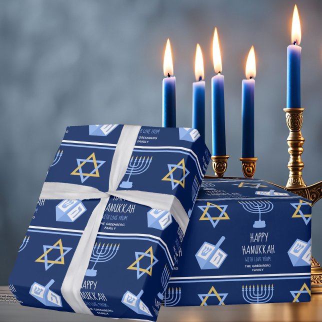 Happy Hanukkah Beautiful Blue Custom Jewish Family Wrapping Paper (Creator Uploaded)