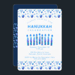 Happy Hanukkah Beautiful Jewish Holiday Invitation<br><div class="desc">Happy Hanukkah Party Invitation Beautiful Jewish Holiday Card. Jewish Holiday Chanukkah background with traditional Chanuka decorative symbols - wooden dreidels (spinning top), doughnuts, hanukkiah menorah, candles, star of David and glowing lights wallpaper navy blue pattern. Hanukkah Festival of lights Event Decoration. Jerusalem, Israel. Invitations & Stationery > Invitations & Announcements...</div>