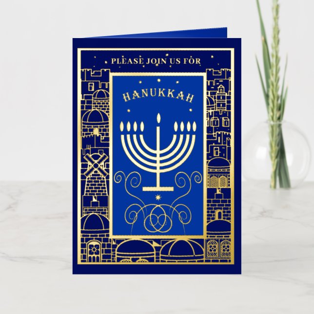 Happy Hanukkah Beautiful Jewish Holiday Menorah Foil Greeting Card (Front)