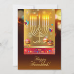 Happy Hanukkah Beautiful Menorah Jewish Holiday Invitation<br><div class="desc">Happy Hanukkah Beautiful Jewish Holiday Invitation Card. Jewish Holiday Hanukkah background with traditional Chanukah symbols - Gold Menorah, Hanukkiah Candelabrum and Candles, wooden dreidels (spinning top), donuts, star of David and glowing lights wallpaper pattern. Hanukkah Festival Decoration. Jerusalem, Israel. Invitations & Stationery > Invitations & Announcements > Holiday Party Invitations,...</div>