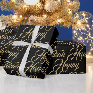 Happy Hanukkah black gold modern elegant script Wrapping Paper