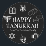 Happy Hanukkah black white custom name gift favour Classic Round Sticker<br><div class="desc">Happy Hanukkah,  customise family name gift favour stickers 
Happy Hanukkah,  Happy Chanukah,  Hanukkah Sameach!,  Chag Sameach!,  Chag Urim Sameach!
Black and white</div>