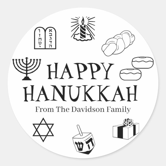 Happy Hanukkah black white custom name gift favour Classic Round Sticker (Front)