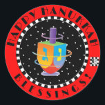 Happy Hanukkah Blessings! Classic Round Sticker<br><div class="desc">A spinning dreidel on a starry backdrop adds an extra happy holiday touch and declares,  "Happy Hanukkah Blessings!"  ~ karyn</div>