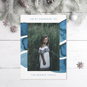 Happy Hanukkah Blue Brushed Jewish Holiday Photo Card