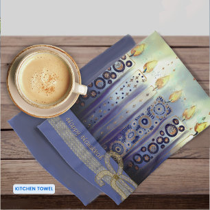 Happy Hanukkah Blue Candles  Tea Towel