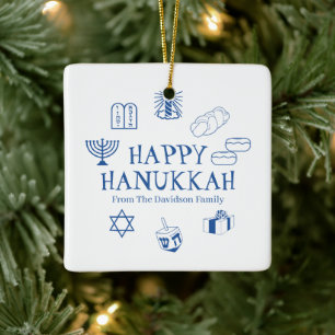 Happy Hanukkah blue custom family name gift favour Ceramic Ornament