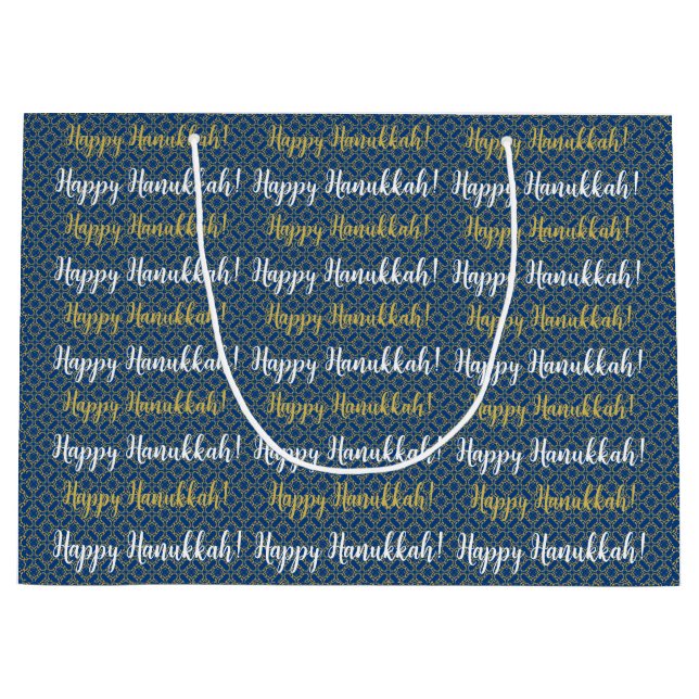  Happy Hanukkah Blue, Gold, and White Large Gift Bag (Front)