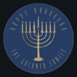 Happy Hanukkah 'Blue Gold Menorah Holiday Classic Round Sticker<br><div class="desc">This sticker features a gold coloured menorah on a navy blue background. The message above it reads "Happy Hanukkah". Below the menorah is a place for your family name which you may personalise or remove if you'd like.</div>