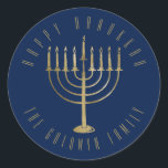 Happy Hanukkah 'Blue Gold Menorah Holiday Classic Round Sticker<br><div class="desc">This sticker features a gold coloured menorah on a navy blue background. The message above it reads "Happy Hanukkah". Below the menorah is a place for your family name which you may personalise or remove if you'd like.</div>
