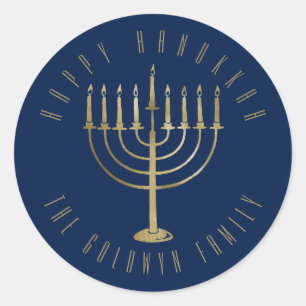 Happy Hanukkah 'Blue Gold Menorah Holiday Classic Round Sticker